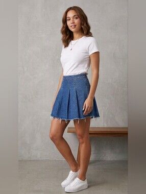 58. NWOT - Vigoss Blue Denim Pleated Skater Mini Skirt